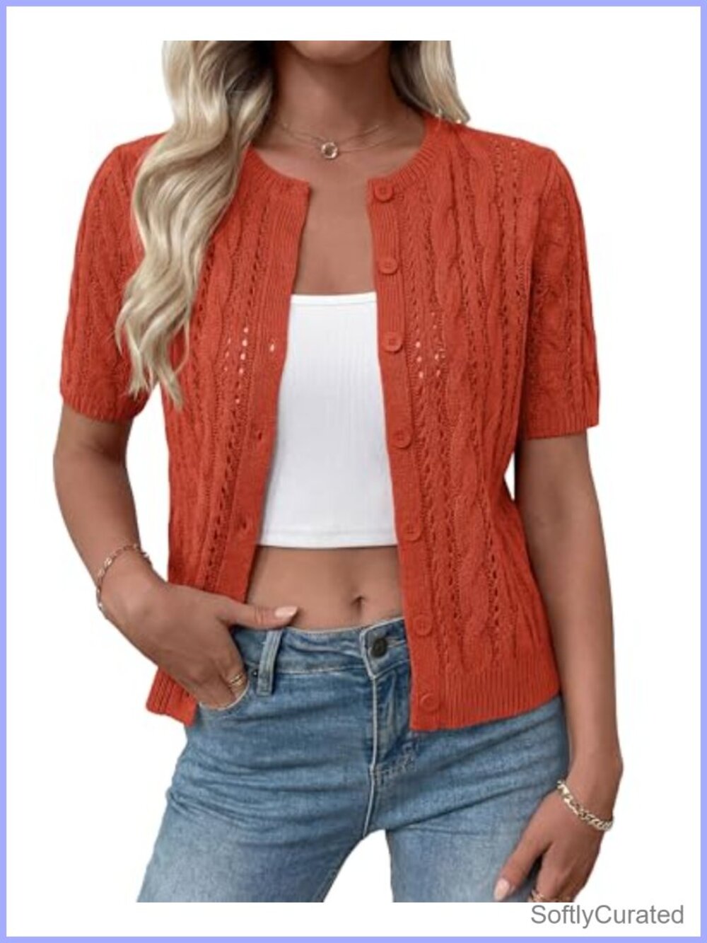 Women's Crochet Cable Knit Cardigan Sweater Short Sleeve Button Front